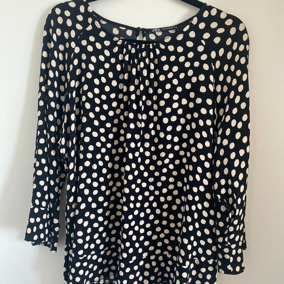 Zara Women’s Top Black Beige Polka Dot Peplum Hem Blouse Size XL - Picture 1 of 8